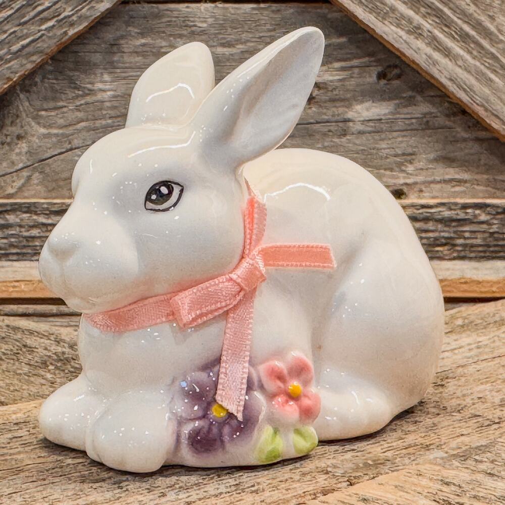 1970’s Russ Berrie and Co-Sweetest White Porcelain Bunny w/ Floral Accents-#1058